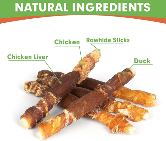 Dog Treats, Triple Flavor 5 Inch Chicken Liver Duck and Chicken Wrapped Rawhide Snacks for Small and Medium Dogs, 21.16 Oz (30 Count-Pack of 1)