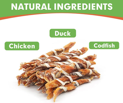 Dog Treats, Triple Flavor Jerky Twist Sticks, 5-7 Inch Chicken Duck and Codfish Sticks Chews for Small Dogs, Healthy Snacks, 17.64 oz (25 Count-Pack of 1)