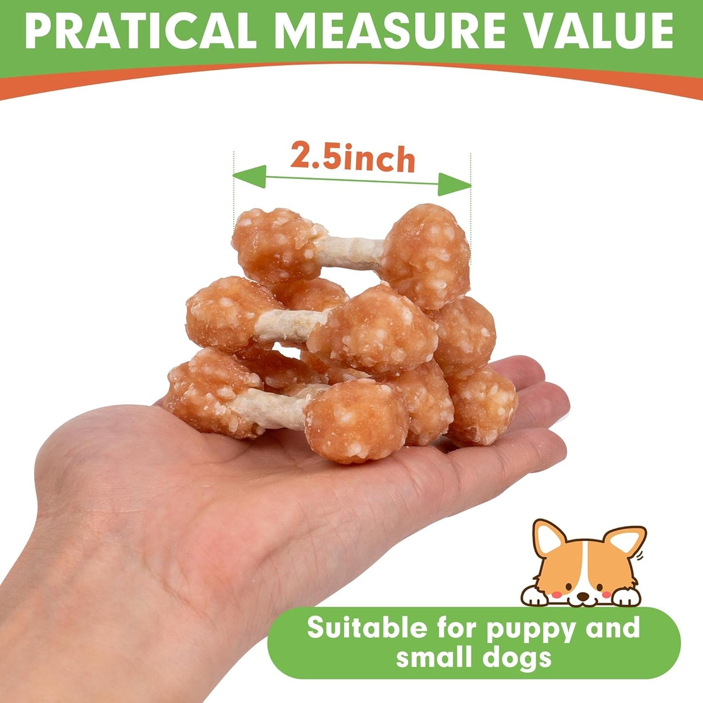 Dog Treats, 16oz Mini Rawhide Chews, Chicken Dumbbells with Rice for Small Dogs & Toy Breed, Crunchy and Healthy (2.5 Inch 30 Count)