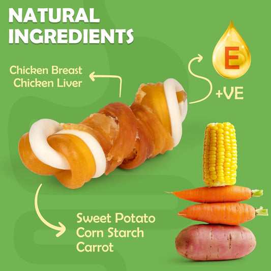 2.5" Rawhide Free Dog Treats with Mixed Vegetables, Chicken Wrapped Mini Knot Bones for Small Dogs, Healthy Snacks for Balanced Nutrition, 21.2oz