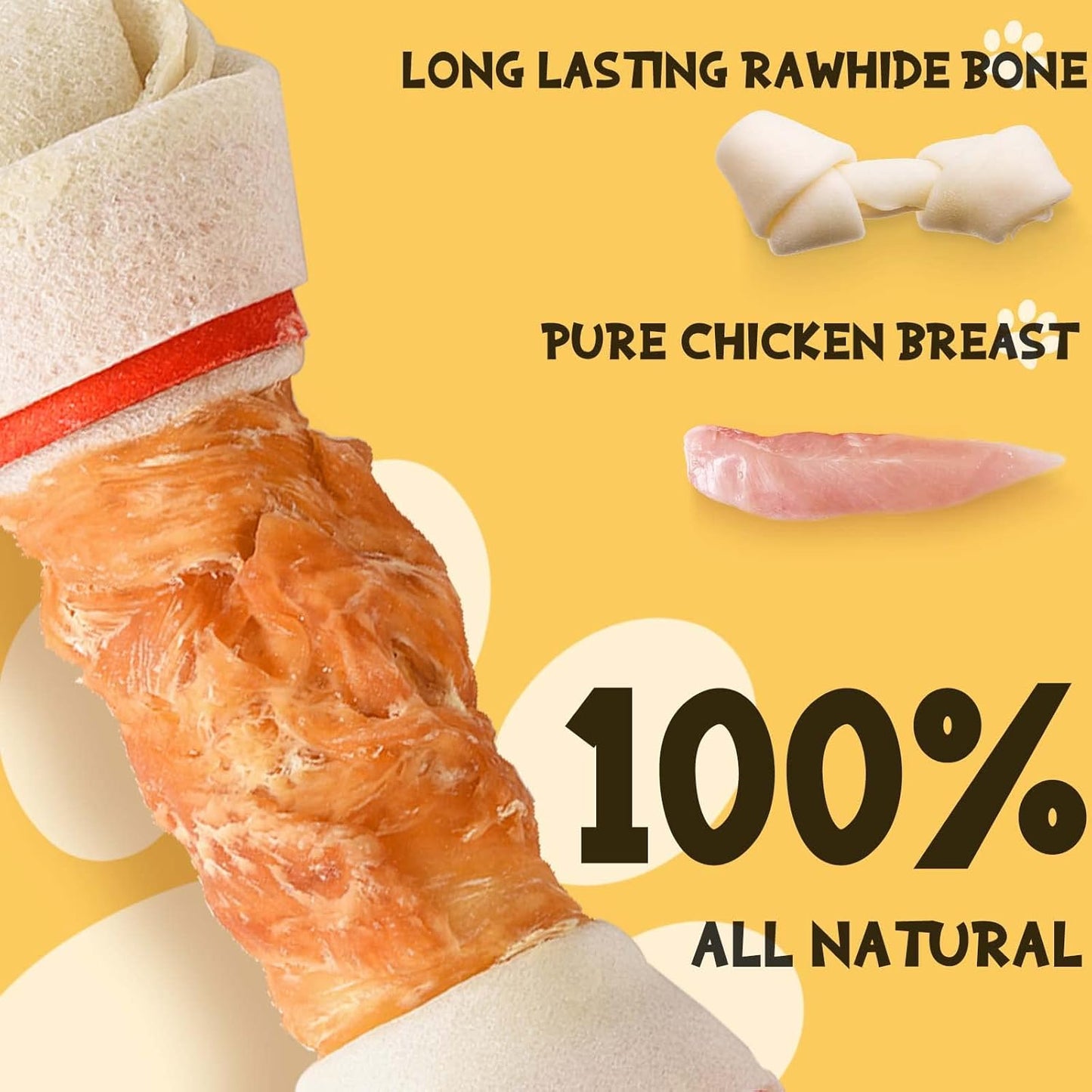 Dog Treats Chews, 6.5" Chicken Wrapped Rawhide Knotted Bones Dental Care Chews for Small Medium Large Breeds（4 Pieces）