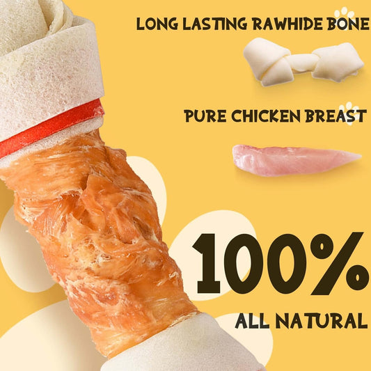 Dog Treats Chews, 6.5" Chicken Wrapped Rawhide Knotted Bones Dental Care Chews for Small Medium Large Breeds（4 Pieces）