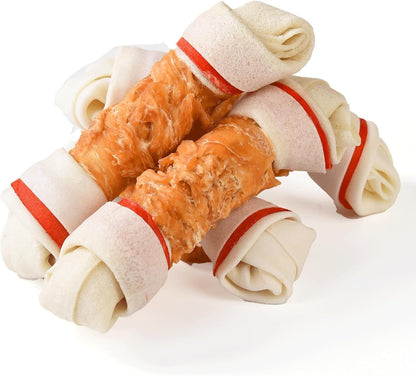 Dog Treats Chews, 6.5" Chicken Wrapped Rawhide Knotted Bones Dental Care Chews for Small Medium Large Breeds（4 Pieces）