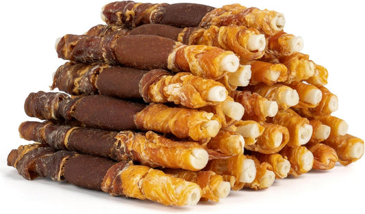 Dog Treats, Triple Flavor 5 Inch Chicken Liver Duck and Chicken Wrapped Rawhide Snacks for Small and Medium Dogs, 21.16 Oz (30 Count-Pack of 1)
