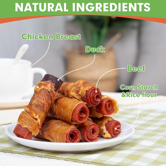 Rawhide-Free Dog Treats – 3-Inch Triple-Flavor (Chicken, Duck, Beef) Rolled Sticks; Healthy Snacks Suitable for Small Dogs; 21.16 oz Pack